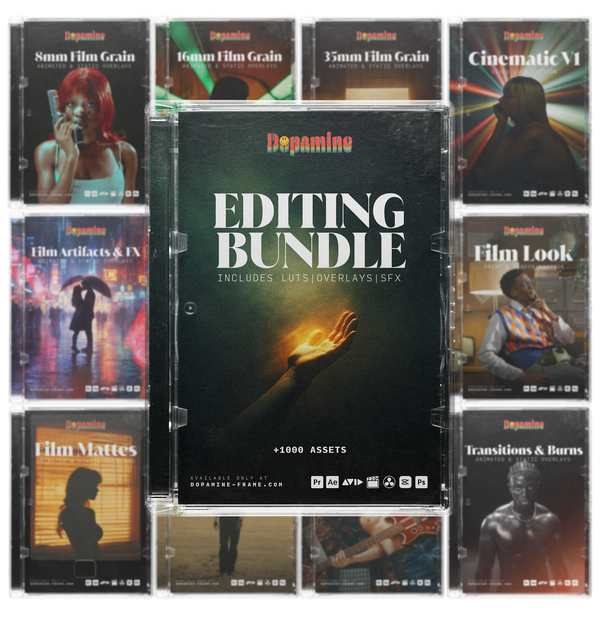 视频编辑素材包950个电影感LUT转场音效颗粒特效合集PR/FCPX/达芬奇剪辑师工具Dopamine Frame - The Video Editing Bundle
