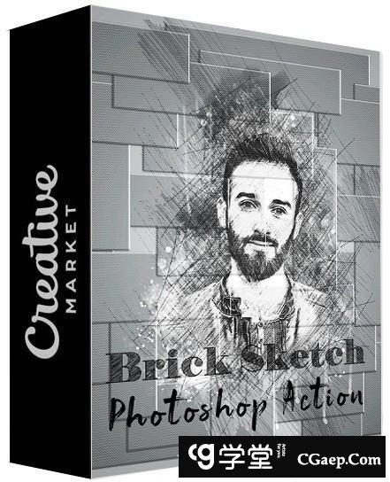 逼真墙面素描绘画Photoshop动作 Brick Sketch Photoshop Action