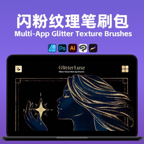 Multi-App闪粉纹理笔刷包｜12支亮片金属粉尘笔刷 PS/AI/Procreate通用 节日设计必备
