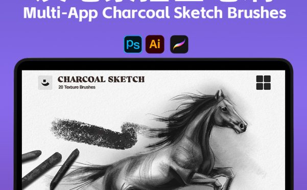 炭笔素描笔刷套装 Charcoal Brushes 10支+涂抹混色 纸纹质感 JPG PS Procreate Multi-App Charcoal Sketch Brushes