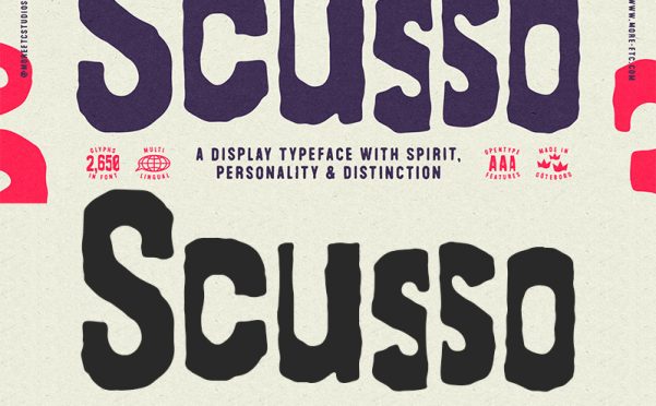 Scusso复古剪贴字体家族2650字形8种字符替代 手工感海报专辑书籍封面包装设计字体 MyFonts - Scusso Font Family