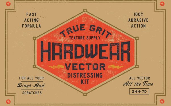 True Grit HARDWEAR AI矢量做旧纹理插件 48种预设+动作 轻松为字体标志添加复古破坏效果
