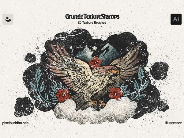 Grunge Stamp复古磨损AI笔刷20支 Illustrator纹理印章 划痕油漆裂纹斑点垃圾摇滚效果Grunge Stamp Illustrator Brushes